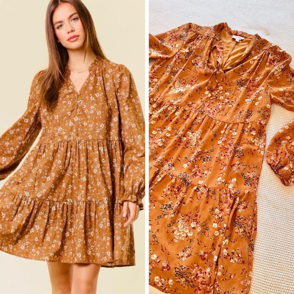 LUXOLOGY Tiered Rust Orange Floral Long Sleeve Midi Dress